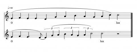 Ex. 3. The incipit of antiphon O lux et decus at Alcobaça: two renderings